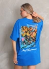 Unisex Bisiklet Yaka Baskılı Oversize T-Shirt - Mavi