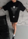 Unisex Bisiklet Yaka Baskılı Oversize T-Shirt - Siyah