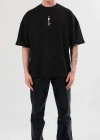 Unisex Bisiklet Yaka Baskılı Oversize T-Shirt - Siyah