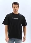 Unisex Bisiklet Yaka Baskılı Oversize T-Shirt - Siyah