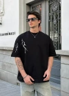 Unisex Bisiklet Yaka Baskılı Oversize T-Shirt - Siyah