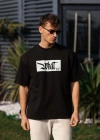 Unisex Bisiklet Yaka Baskılı Oversize T-Shirt - Siyah