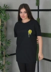 Unisex Bisiklet Yaka Baskılı Oversize T-Shirt - Siyah