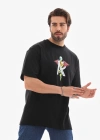 Unisex Bisiklet Yaka Baskılı Oversize T-Shirt - Siyah