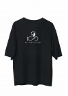 Unisex Bisiklet Yaka Baskılı Oversize T-Shirt - Siyah