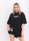 Unisex Bisiklet Yaka Baskılı Oversize T-Shirt - Siyah