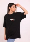 Unisex Bisiklet Yaka Baskılı Oversize T-Shirt - Siyah