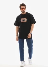 Unisex Bisiklet Yaka Baskılı Oversize T-Shirt - Siyah