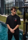 Unisex Bisiklet Yaka Baskılı Oversize T-Shirt - Siyah