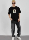 Unisex Bisiklet Yaka Baskılı Oversize T-Shirt - Siyah