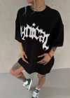Unisex Bisiklet Yaka Baskılı Oversize T-Shirt - Siyah