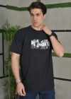 Unisex Bisiklet Yaka Baskılı Oversize T-Shirt - Siyah