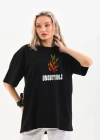 Unisex Bisiklet Yaka Baskılı Oversize T-Shirt - Siyah