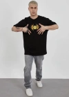 Unisex Bisiklet Yaka Baskılı Oversize T-Shirt - Siyah