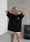Unisex Bisiklet Yaka Baskılı Oversize T-Shirt - Siyah