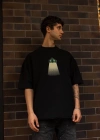 Unisex Bisiklet Yaka Baskılı Oversize T-Shirt - Siyah