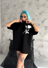 Unisex Bisiklet Yaka Baskılı Oversize T-Shirt - Siyah