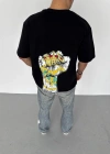 Unisex Bisiklet Yaka Baskılı Oversize T-Shirt - Siyah