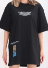 Unisex Bisiklet Yaka Baskılı Oversize T-Shirt - Siyah