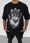 Unisex Bisiklet Yaka Baskılı Oversize T-Shirt - Siyah