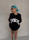 Unisex Bisiklet Yaka Baskılı Oversize T-Shirt - Siyah