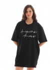 Unisex Bisiklet Yaka Baskılı Oversize T-Shirt - Siyah