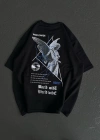 Unisex Bisiklet Yaka Baskılı Oversize T-Shirt - Siyah