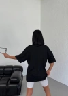 Unisex Bisiklet Yaka Baskılı Oversize T-Shirt - Siyah