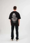 Unisex Bisiklet Yaka Baskılı Oversize T-Shirt - Siyah