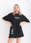 Unisex Bisiklet Yaka Baskılı Oversize T-Shirt - Siyah
