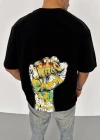 Unisex Bisiklet Yaka Baskılı Oversize T-Shirt - Siyah