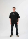 Unisex Bisiklet Yaka Baskılı Oversize T-Shirt - Siyah