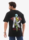 Unisex Bisiklet Yaka Baskılı Oversize T-Shirt - Siyah