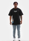 Unisex Bisiklet Yaka Baskılı Oversize T-Shirt - Siyah