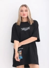 Unisex Bisiklet Yaka Baskılı Oversize T-Shirt - Siyah