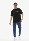 Unisex Bisiklet Yaka Baskılı Oversize T-Shirt - Siyah