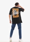Unisex Bisiklet Yaka Baskılı Oversize T-Shirt - Siyah