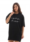 Unisex Bisiklet Yaka Baskılı Oversize T-Shirt - Siyah