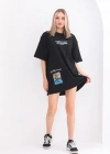 Unisex Bisiklet Yaka Baskılı Oversize T-Shirt - Siyah