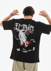 Unisex Bisiklet Yaka Baskılı Oversize T-Shirt - Siyah
