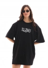 Unisex Bisiklet Yaka Baskılı Oversize T-Shirt - Siyah
