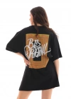 Unisex Bisiklet Yaka Baskılı Oversize T-Shirt - Siyah