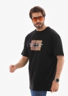 Unisex Bisiklet Yaka Baskılı Oversize T-Shirt - Siyah