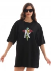 Unisex Bisiklet Yaka Baskılı Oversize T-Shirt - Siyah