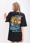 Unisex Bisiklet Yaka Baskılı Oversize T-Shirt - Siyah