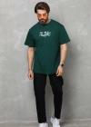 Unisex Bisiklet Yaka Baskılı Oversize T-Shirt - Yeşil