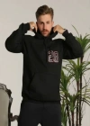 Unisex Kapşonlu Baskılı Sweetshirt - Siyah