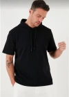 Unisex Kapşonlu Kısa Kol Düz Oversize T-shirt - Siyah