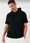 Unisex Kapşonlu Kısa Kol Düz Oversize T-shirt - Siyah