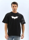 Unisex Ön ve Kol Baskılı Oversize T-shirt - Siyah